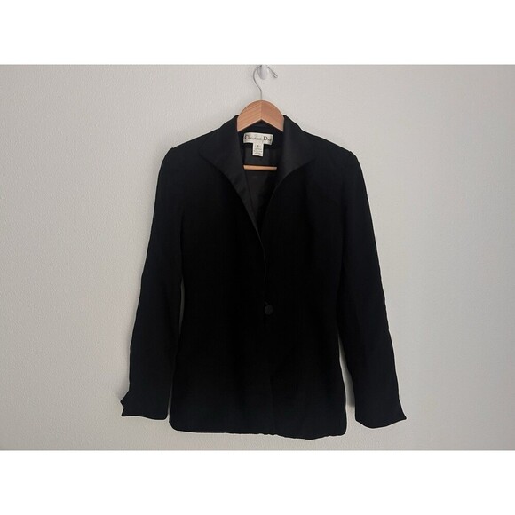 Vintage 1980's Christian Dior Black Wool Single Button Down Blazer Jacket Size 4 - Picture 3 of 10